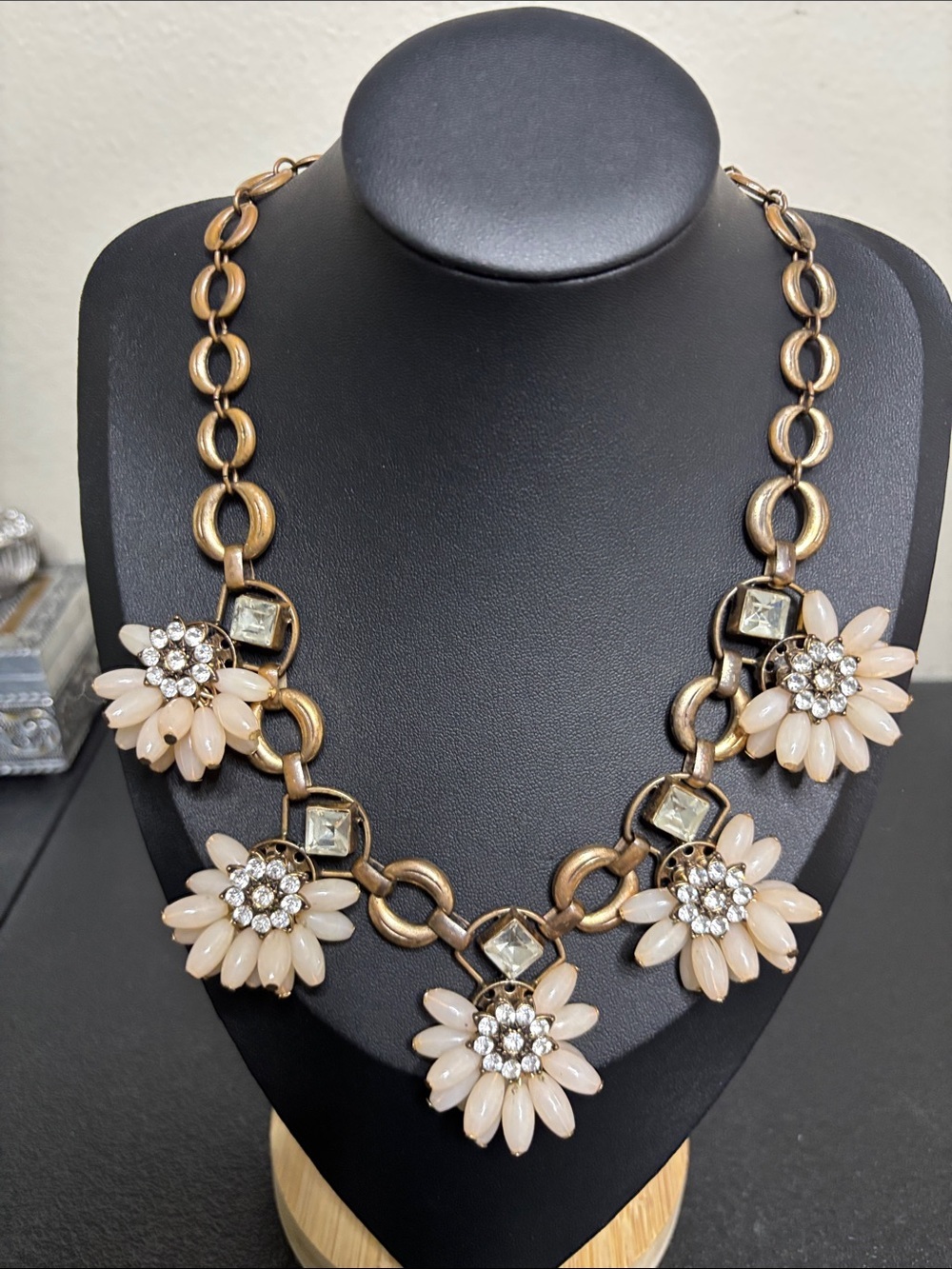 Copper Gold-Tone Pink Floral Statement Chain Collar Necklace
